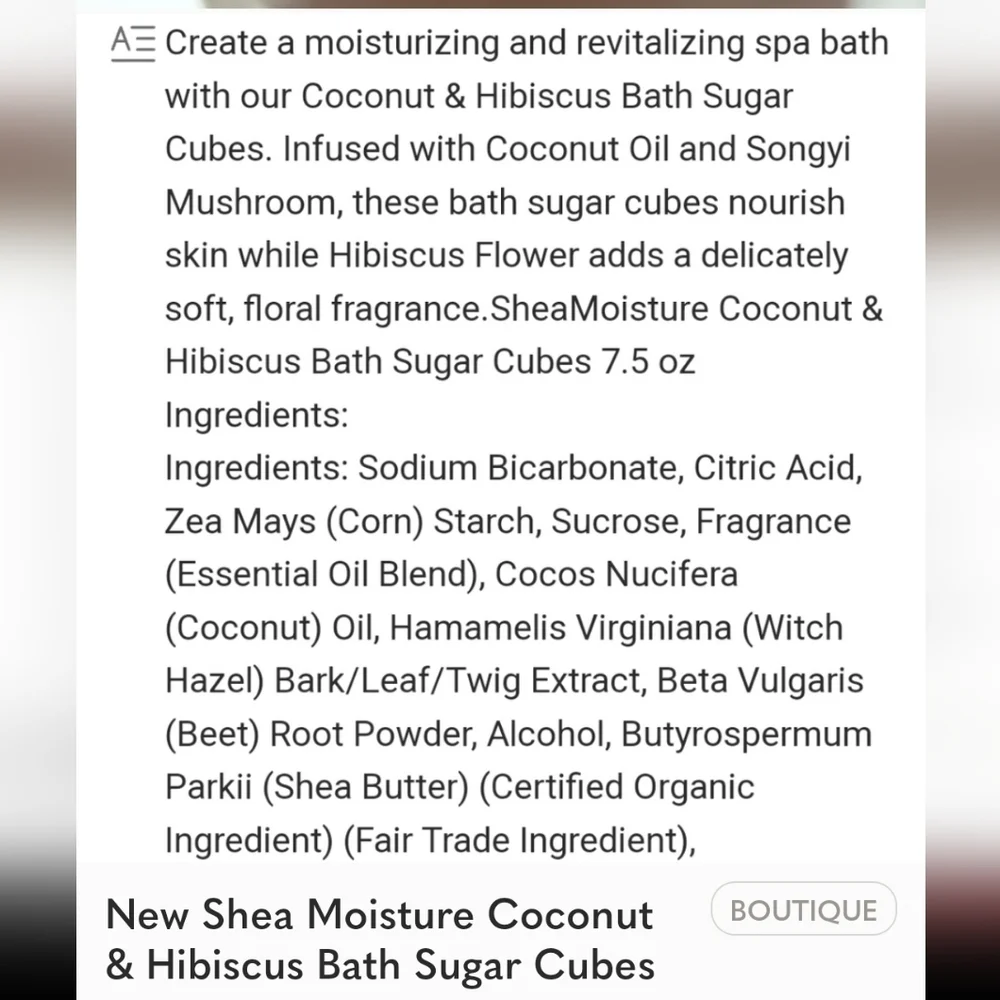Fair Trade Shea moisture coconut and hibiscus bath cube sugar, songi mush